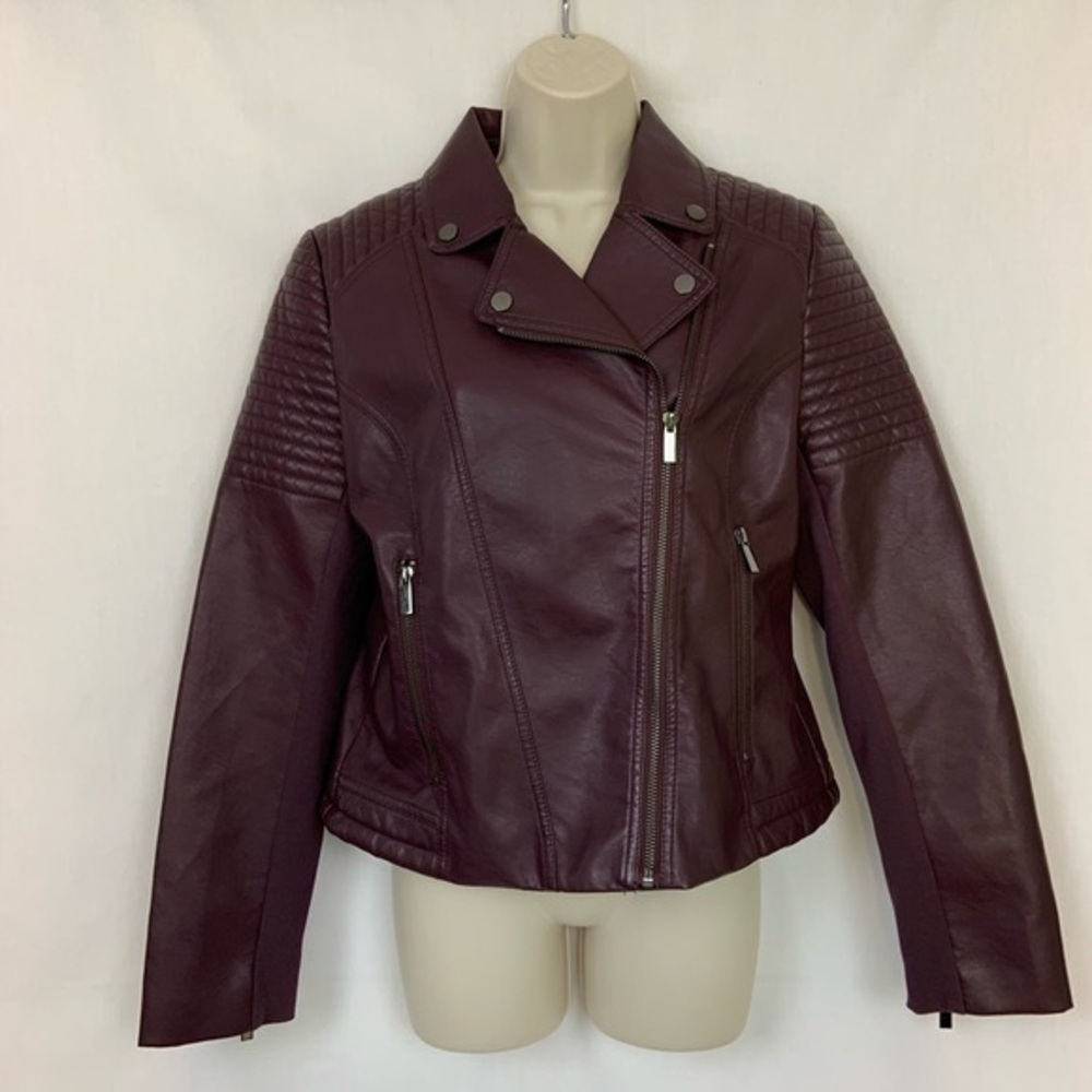 New York and Company Moto Faux Leather Jacket Purple Women's Small Zipper
